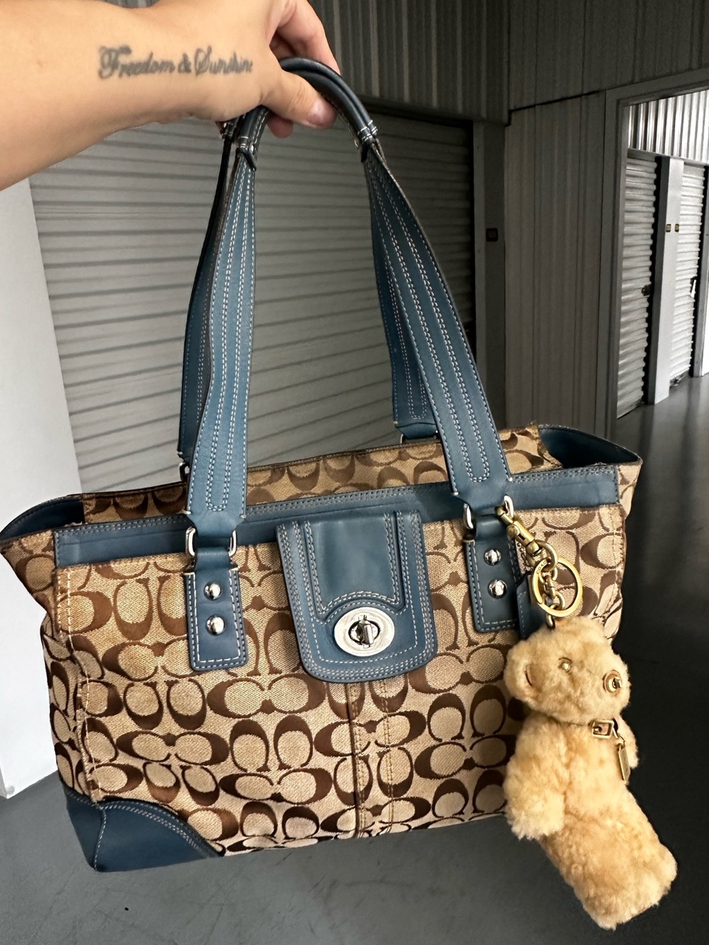Coach Brown / Teal Signature Canvas Tote with Blue Trim and Tan Charm